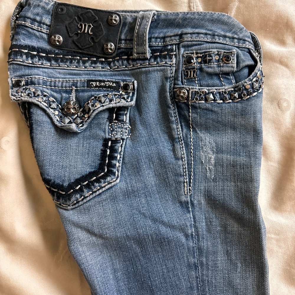 Miss Me Women's Straight Leg Jeans in Light Blue with Silver Studs